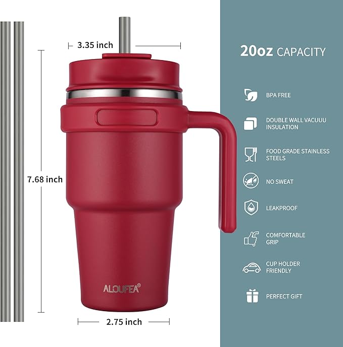 20 oz Insulated Coffee Mug Tumbler with Handle, Stainless Steel Travel Mug Tumbler with Lid and Straw,Double Wall Vacuum Leak Proof Ice Coffee Thermal Cup, Red