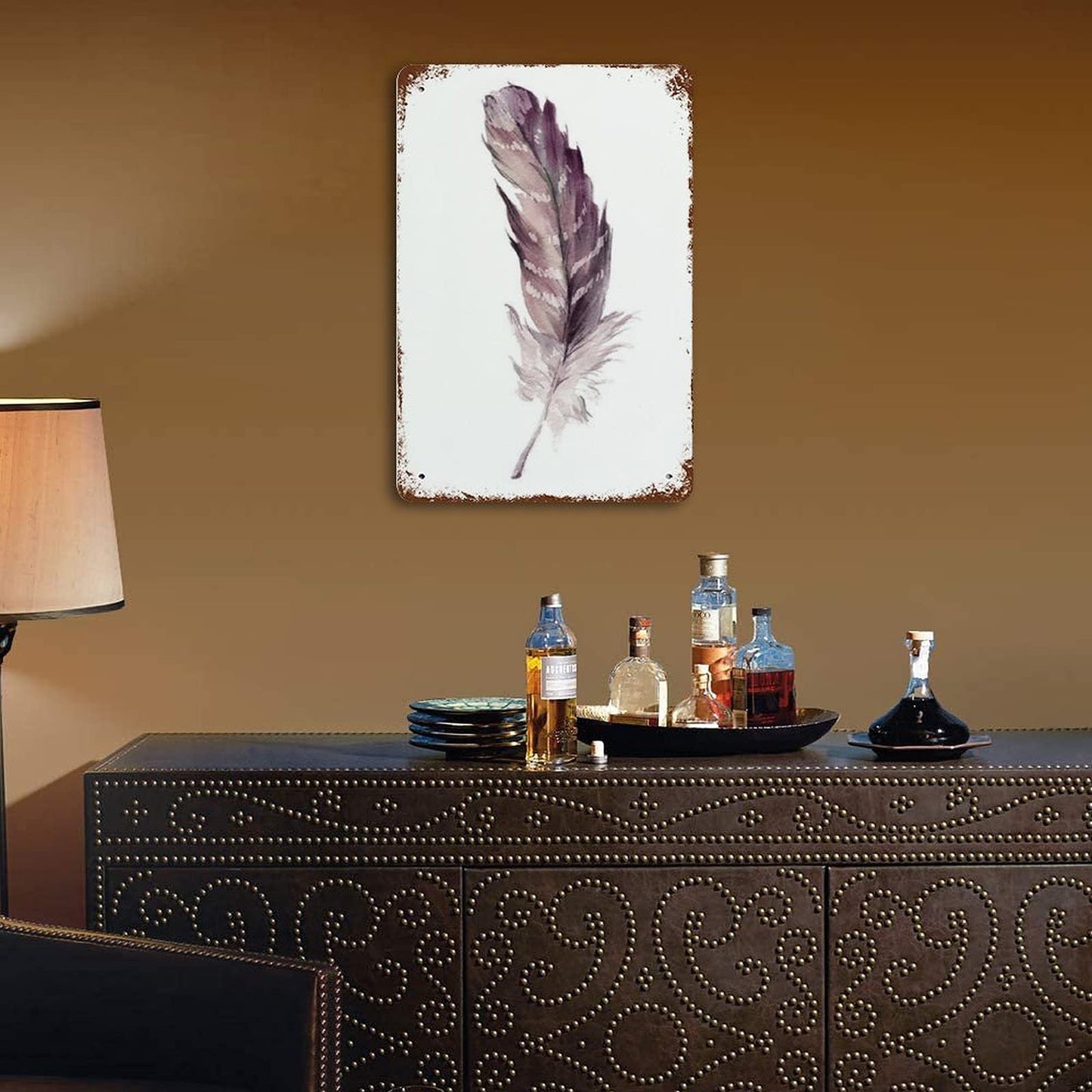 Anique Metal Tin Sign Feather Wall Art Print Home Decor Tribal Boho Watercolor 8x5.5 Inch