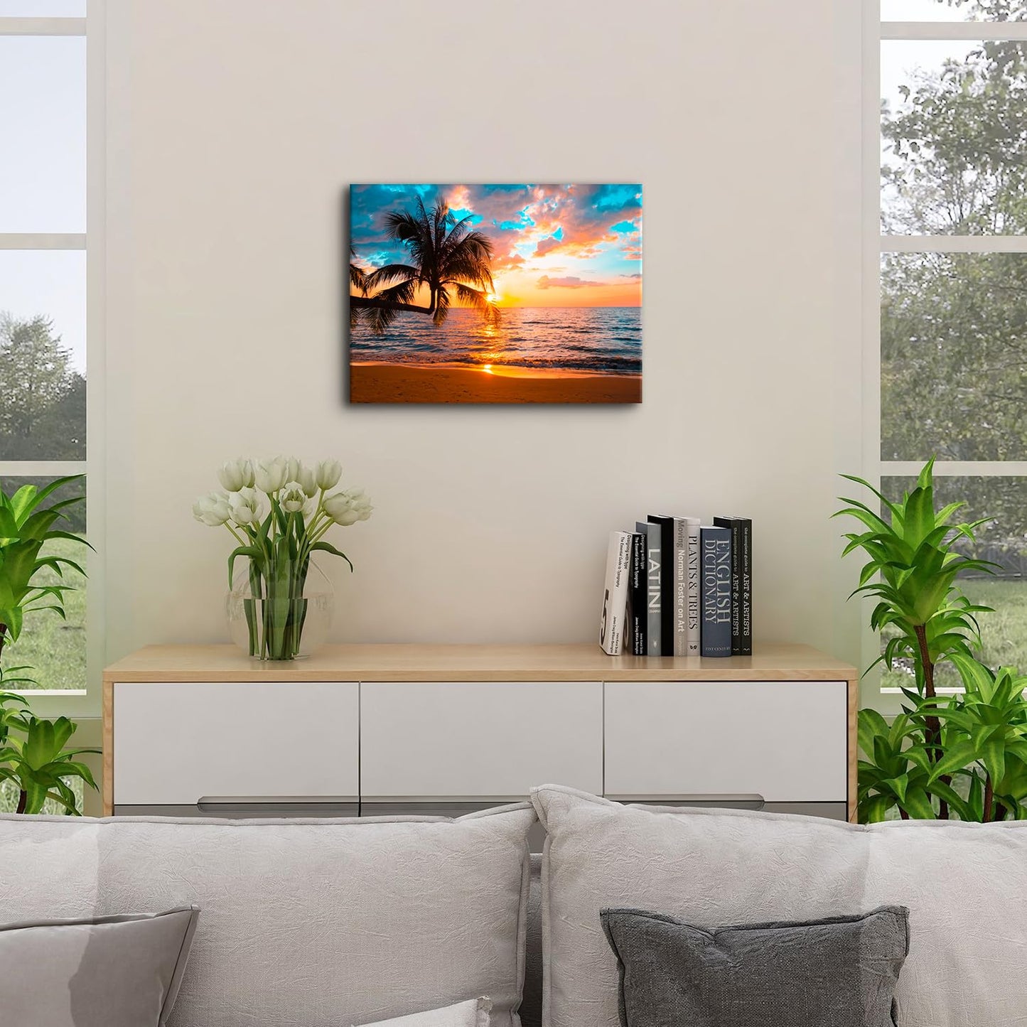 Sunset Beach Wall Art Tropical Palm Tree Wall Decor Coastal Landscape Pictures for Living Room Ocean Landscape Canvas Painting Nature Seascape Poster Prints Artwork Bathroom Home Decorations 12x16”