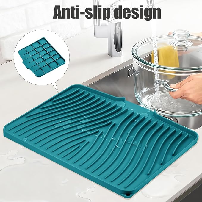 TIKNIK Silicone Dish Drying Mat for Kitchen Counter - Heat Resistant & Non-Slip Dish Drain Pad with Built-In Drain, Dishwasher Safe, Quick-Dry, Hangable & Roll-Up for Storage, Green-1pcs, 16" x 12"