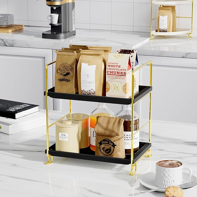 FSyueyun 2-Tier Bathroom Countertop Organizer, Tool-Less Installation Premium Plastics Makeup Shelf Organizer Perfume Skincare for Dresser Vanity Tray Organizers and Storage (Gold & Black)