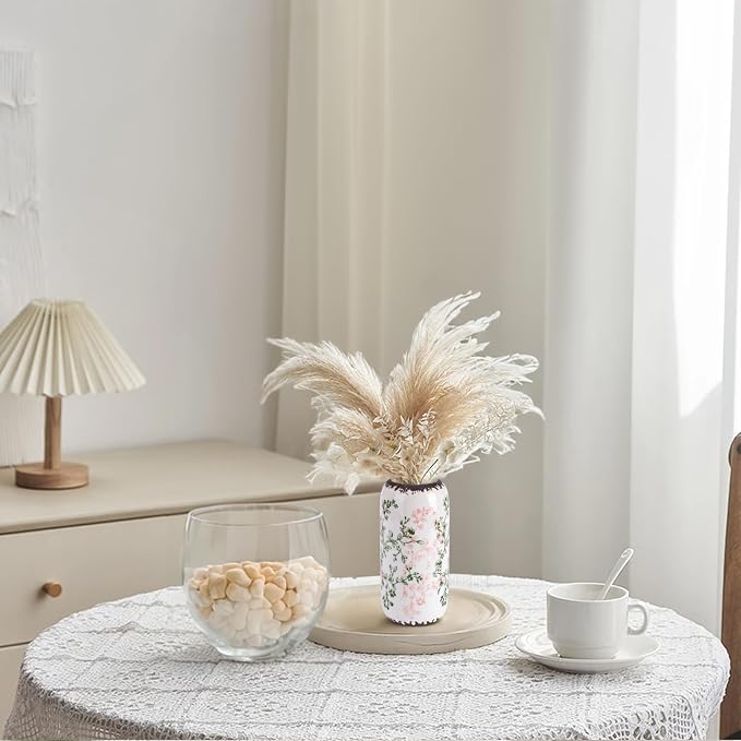 Ceramic Vase for Flowers – Modern Small Ribbed Textured Flower Vase for Home Decor, Pampas Grass, Decorative, Farmhouse, Coffee Table, Kitchen Centerpieces, Bookshelf and Home Living (Green and Beige)
