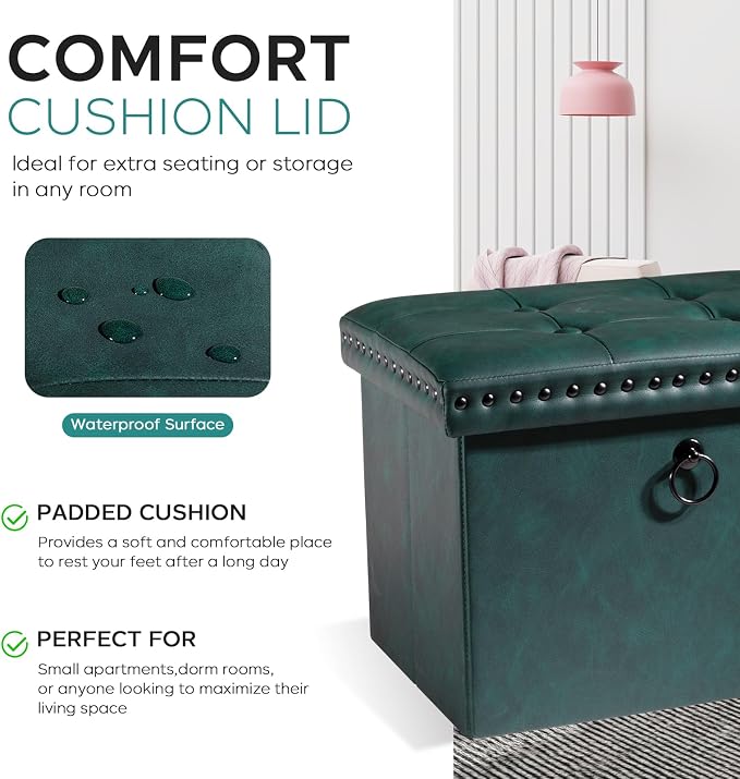 oakvivo Small 16 x 12 x12 Inches Folding Storage Ottoman, Faux Leather Foot Rest Stool with Rivet Design, Ottoman with Storage Vanity Stool Coffee Table for Living Room, Bedroom, Load 242 lbs, Green