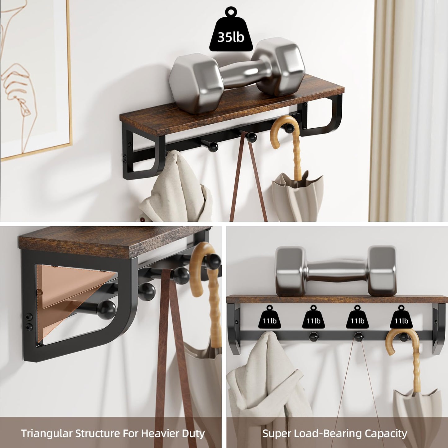 NANAGIFTREE Coat Rack Wall Mount, Wood Wall Shelf with Hooks, Coat Hanger Wall Mount with 4 Metal Hooks, Wall Mounted Coat Rack Organizer for Entryway, Bedroom, Living Room, Room Decor, Brown