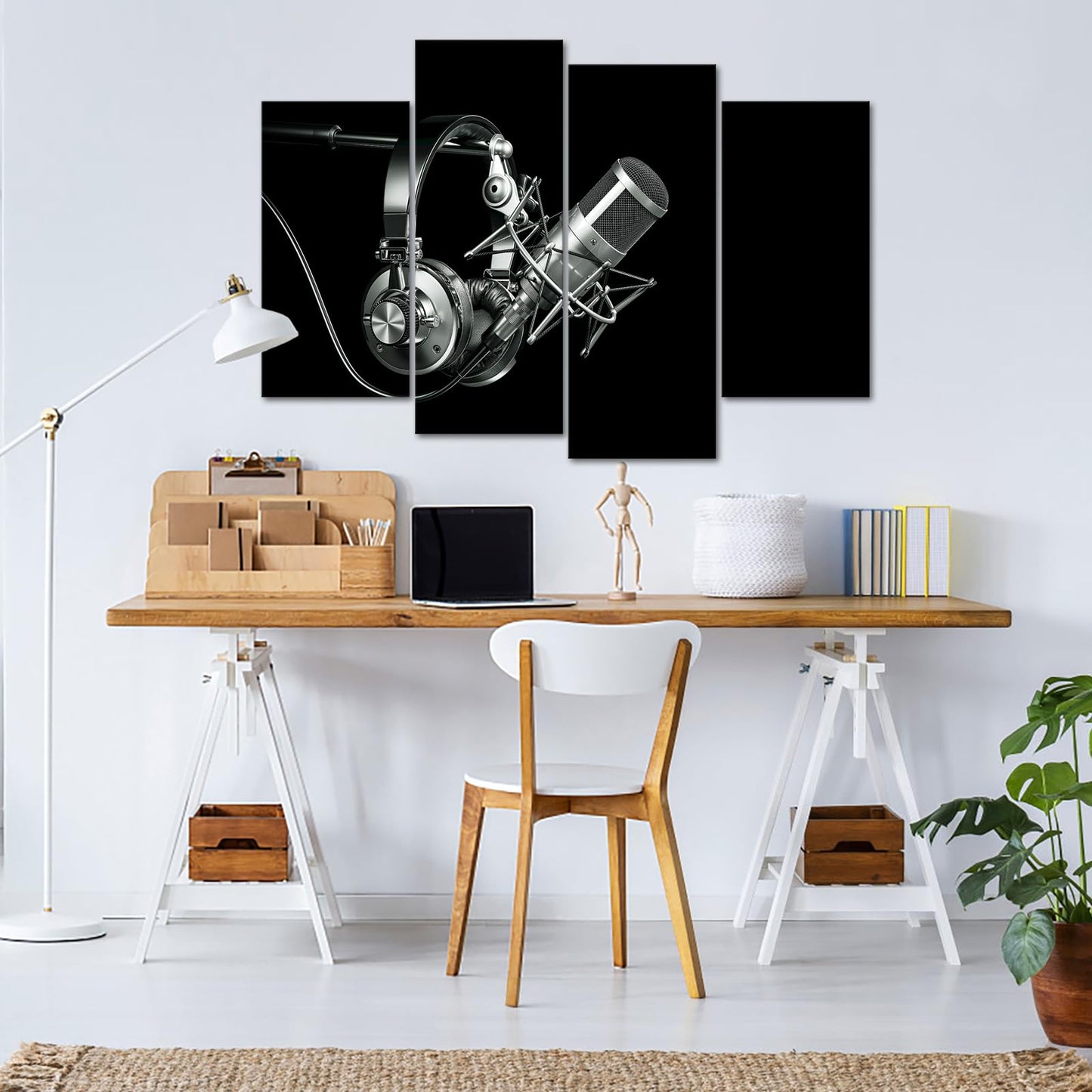 iKNOW FOTO 4pcs Black and White Headphones on Microphone Stand Canvas Print Wall Art Audio Recording Studio Equipment Pictures Musical Painting Contemporary Music Room Decorations 48x33