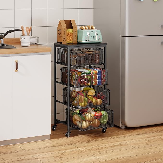 4-Tier Fruit Vegetable Storage Cart - Kitchen Organizer and Storage Cart with Wheels, Wooden Top Metal Wire Fruit Vegetable Rack Stand with Drawers to Storage Cans Snacks for Kitchen(Patent Pending)