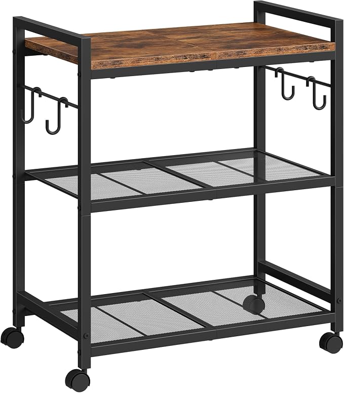 CHOEZON 3-Tier Rolling Bar Cart, Vintage Metal Kitchen Cart with Wheels, Mobile Storage Shelf, Rolling Microwave Stand with Mesh Shelves for Home Bar, Kitchen, Rustic Brown and Black TTC06BF