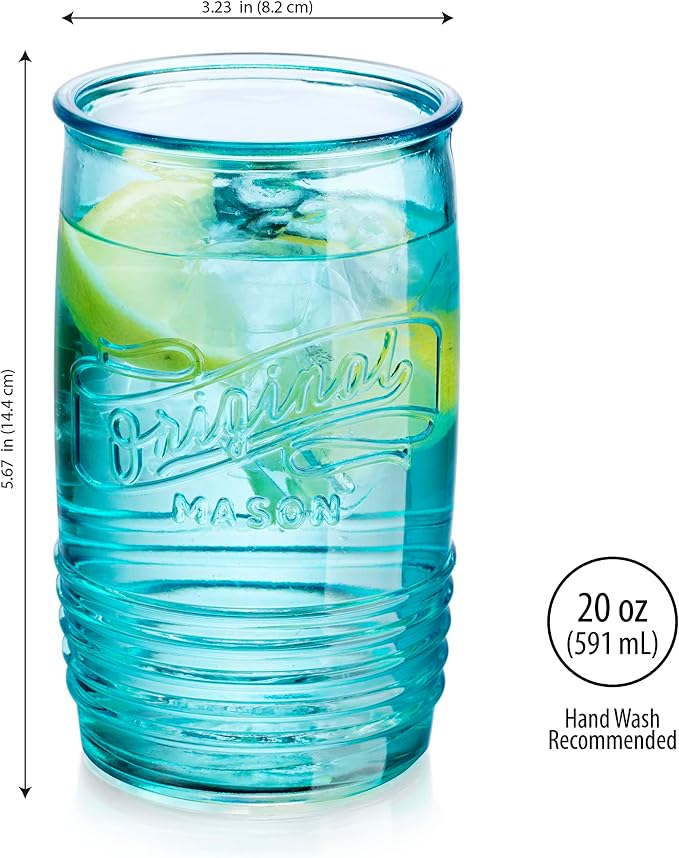 Glaver's Set Of 4 Original Mason Collins Glasses Assorted Colored Drinking Glasses For Juice, Cocktails, Beverage Glass Cups, Hand Wash-In Cold Water (Original Mason Colored 20 OZ)