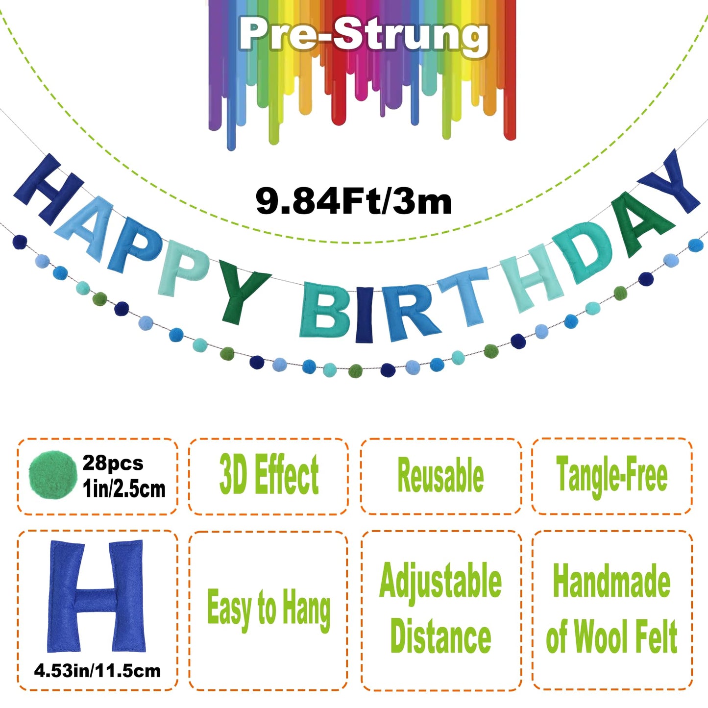 2 PCS Pre-Strung 3D Felt Happy Birthday Banner - Reusable Blue and Green Happy birthday Decorations Sign,Handmade Wool Felt Ball Garland, Pom Pom Garland, Party Decor, Photo Prop