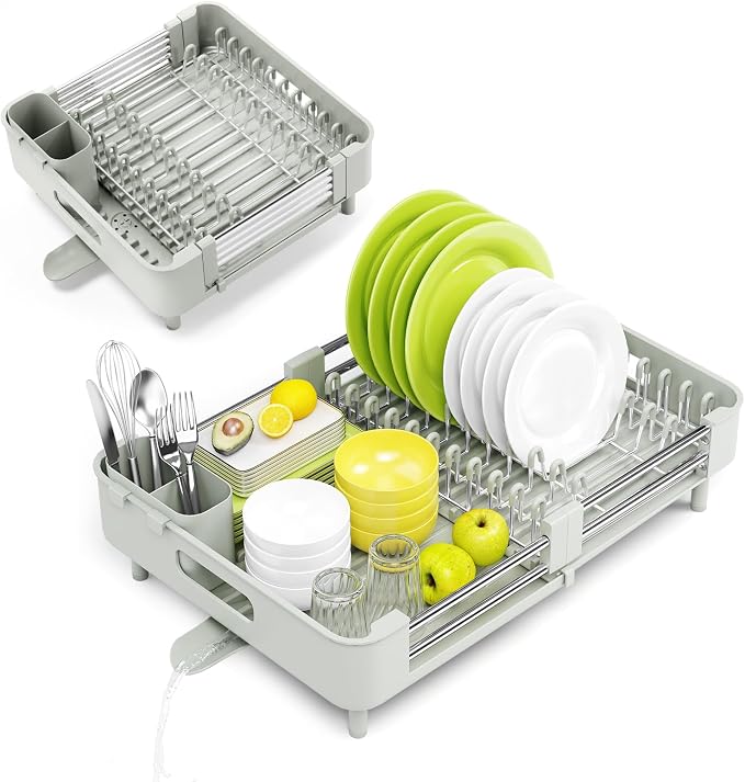 Urackify Extendable Dish Drying Rack, Dual Part Dish Drainers with Non-Scratch and Movable Cutlery Drainer and Drainage Spout, Adjustable Dish Rack for Kitchen, Gray & White
