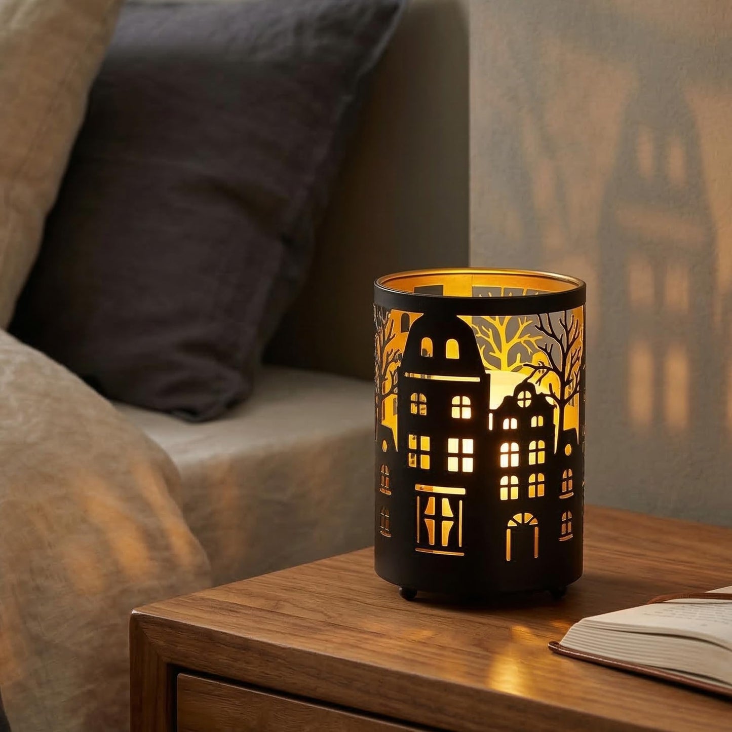 TRIROCKS Village Silhouette Candle Lantern 7.5" H Etched Bronze Metal Candle Holder Decorations for Living Room Tabletop Parties Patio Entryway Indoors Outdoors(3PCS)