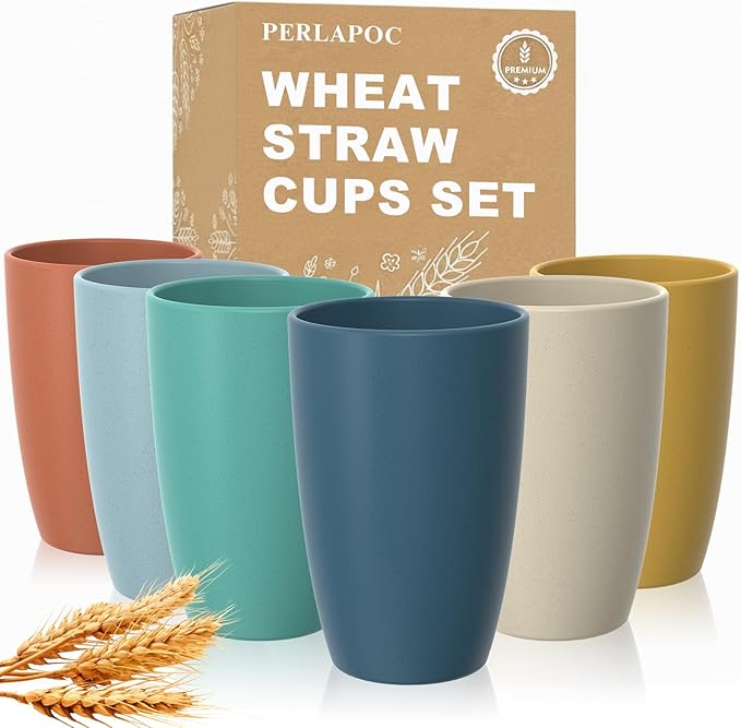 Wheat Straw Cups Set of 6, Unbreakable 20 OZ Reusable Cups, Alternative Plastic Drinking Glasses, Lightweight Tumbler for Kitchen Outdoor, Dishwasher Safe Tumblers & Water Glasses, Multi