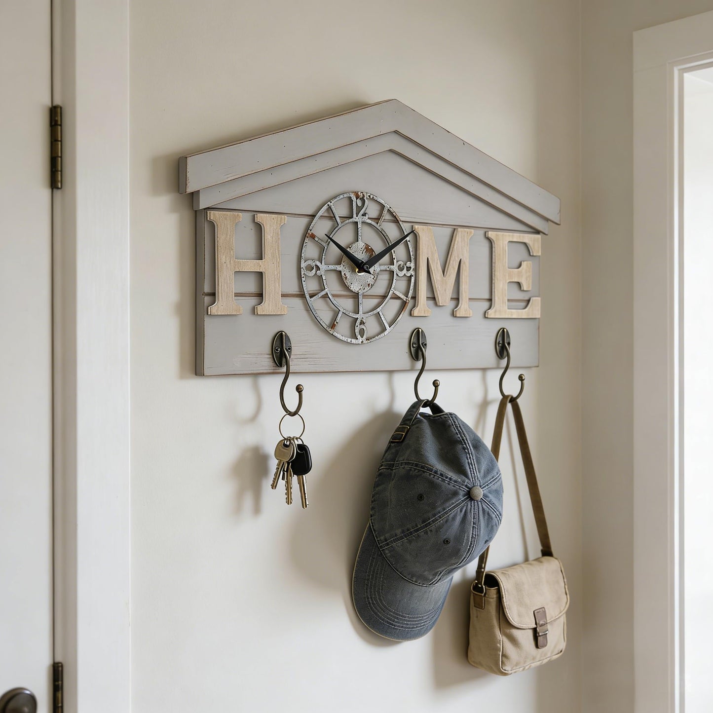 Farmhouse Battery Operated Wall Clock with Hooks Rustic Wooden Entryway Organizer with 3 Metal Hooks Key Hanger HOME letters Silent Quartz Clock Key Holder Wall Decor for Entryway Kitchen, Living Room