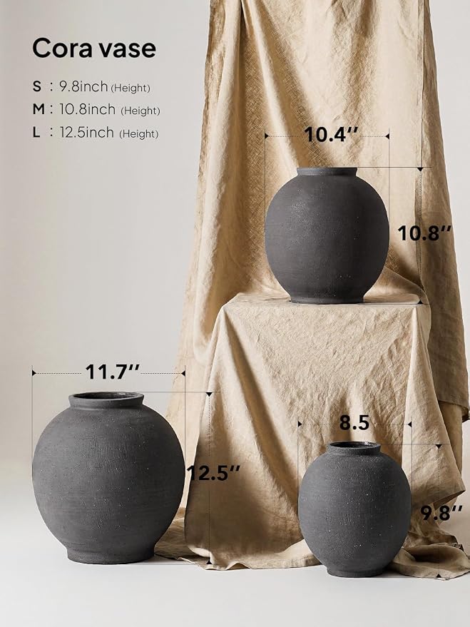 Large Blak Ceramic Vase - 9.8 Inch Rustic Farmhouse Flower Vase for Home Decor, Minimalist Tall Vases for Living Room, Table, Bathroom, Holiday & Weddings,Sandstone Dark Grey