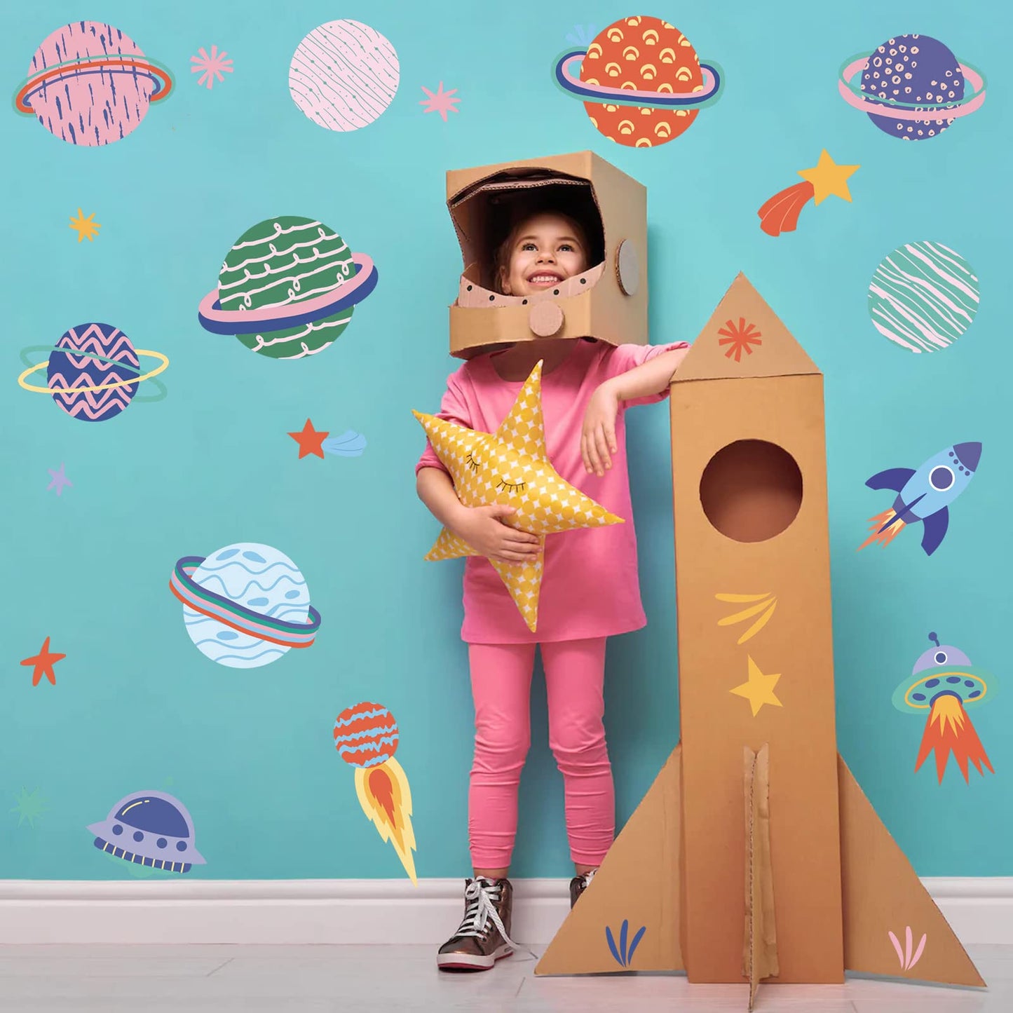 Solar System Galaxy Space Wall Decals Peel and Stick - Rocket Spaceship Star Planets Wall Stickers Removable Vinyl Decals - Aerospace Outer Space Wall Decor for Nursery Playroom Boys Bedroom Kids Room