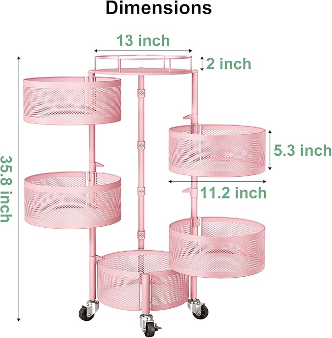 SAYZH Fruit Vegetable Basket for Kitchen, Rotating Storage Rack, 5 Tier Rolling Cart with top lid, Large Metal Wire Wheels, Pink
