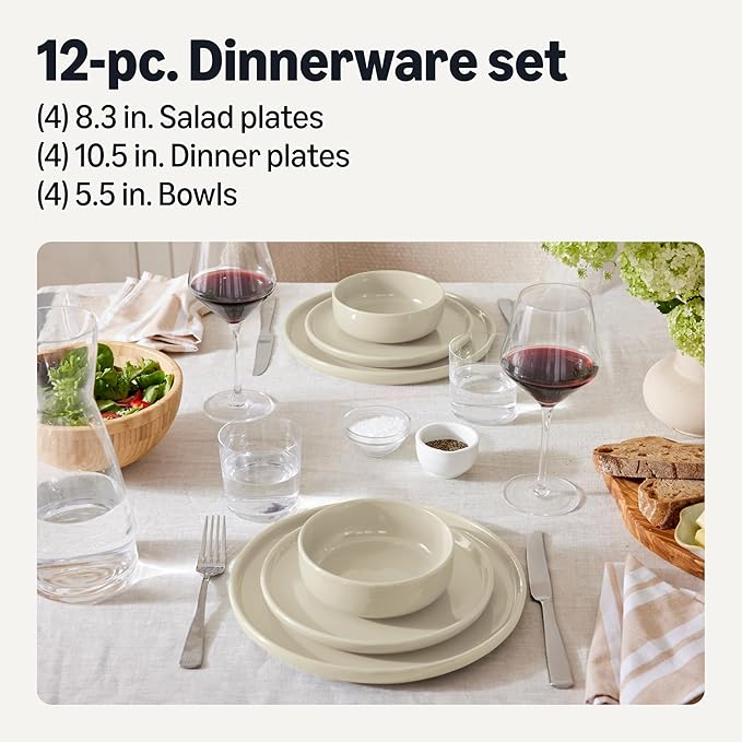 Amazon Basics Glazed Stoneware Dinnerware Set, Ceramic, Dishwasher-Safe, Freezer-Safe, 4 Full Place Settings, 12-Piece, Ivory