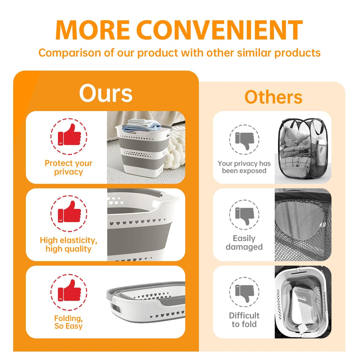 42L Medium Collapsible Plastic Laundry Basket with Handles, Foldable Laundry Basket Hamper, Pop Up Storage Container Organizer for Washing Storage (Gery, 17 Inch * 13 Inch * 15 Inch)