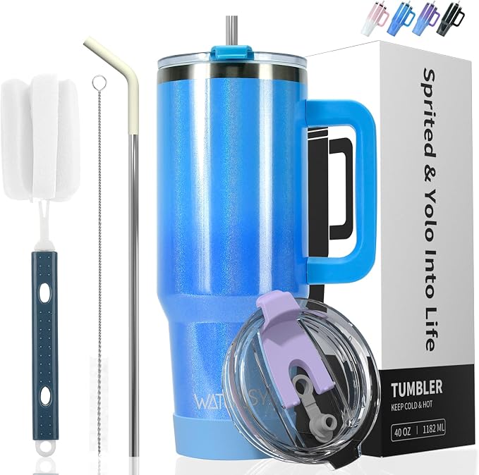 40 oz Shiny Tumbler with Handle,Tumbler with Lid and Straw,Double Wall Insulated Cup Stainless Steel Travel Mug(Cold for 34 Hours),Water Bottle for Iced Tea,Coffee,Cold Beverages(Blue)