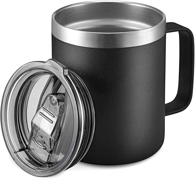 12oz Stainless Steel Insulated Coffee Mug with Handle, Double Wall Vacuum Travel Mug, Tumbler Cup with Sliding Lid, Black