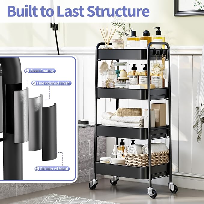 TOOLF 4-Tier Rolling Cart - Metal Storage Organizer with Lockable Wheels, 44 lbs Per Shelf Capacity, Tool-Free Assembly, for Kitchen Bathroom Office Laundry Room Nursery, Black