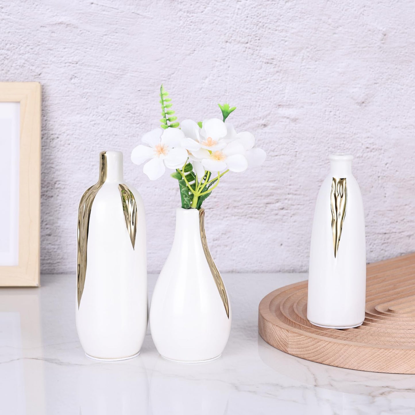 White and Gold Mini Ceramic Vase Set of 3, Small Ceramic Vase Set for Decorative, Bud Vases for Centerpieces Nightstand Kitchen, Boho Farmhouse Home Coffee Table Tray Decor