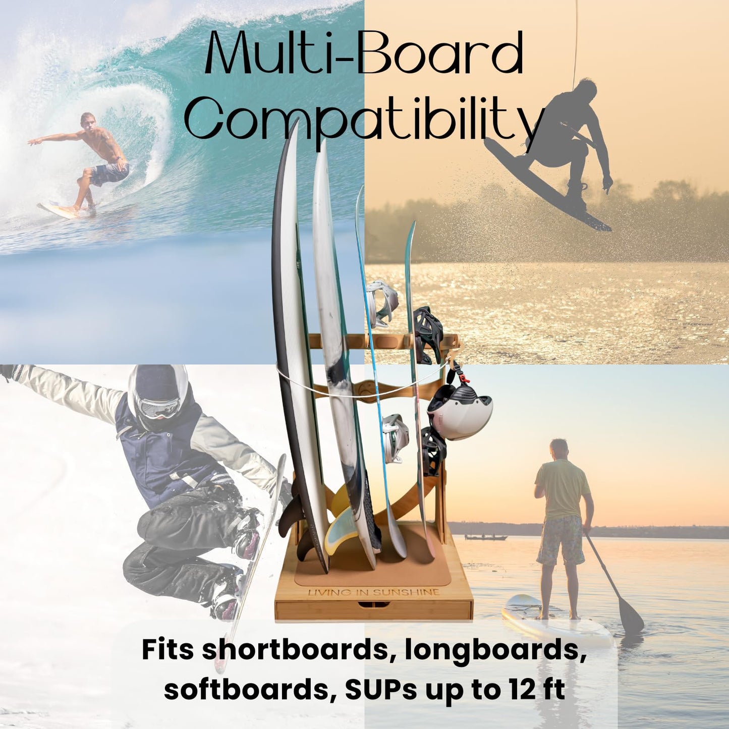 LISS Spirit Rack, Vertical Surfboard Rack Stand Holder for 3 & 4 Boards, Indoor Surf Rack Storage Display for Longboard, Shortboard, Snowboard, Wakeboard, Skateboard Up to 10Ft Long