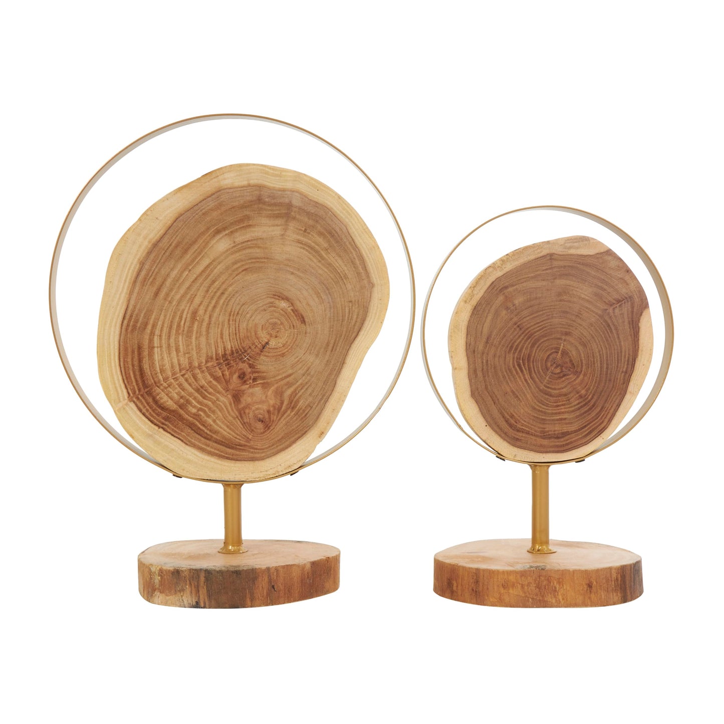Deco 79 Wood Abstract Handmade Decorative Sculpture Live Edge Slab Home Decor Statues with Gold Metal Rings, Set of 2 Accent Figurines 14", 11"H, Brown