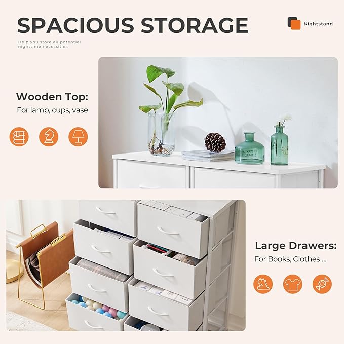 Sweetcrispy Dresser for Bedroom, Chest Organizer Unit with 8 Fabric Bins, Fabric Storage Tower, Drawer Organizer with Steel Frame, Wooden Top for Living Room, Closet