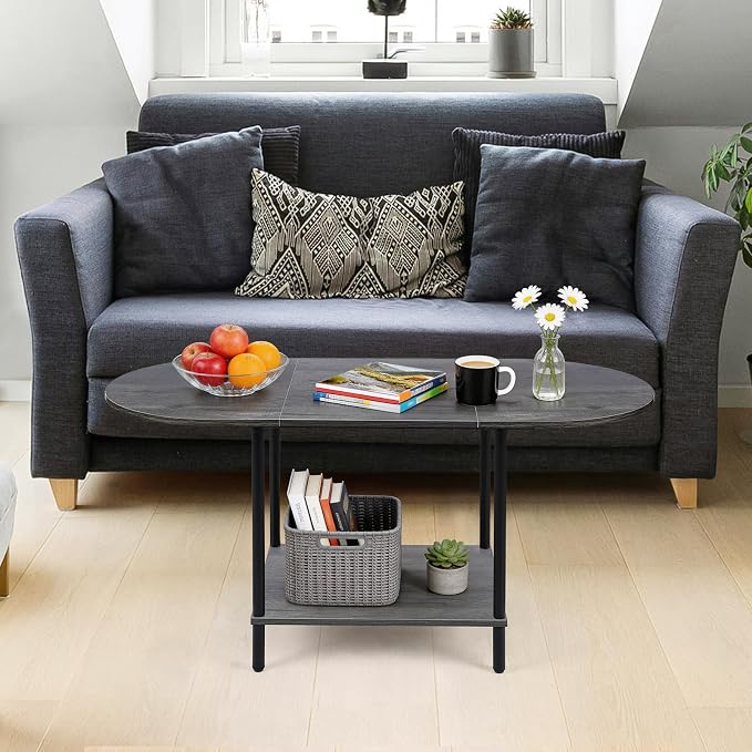 Small Coffee Table,35.4'' Oval Coffee Table with Storage Shelf & Metal Frame,Low Cocktail Tea Accent Table for Apartment,Modern Mid Century Small Living Room Table,Dark Gray