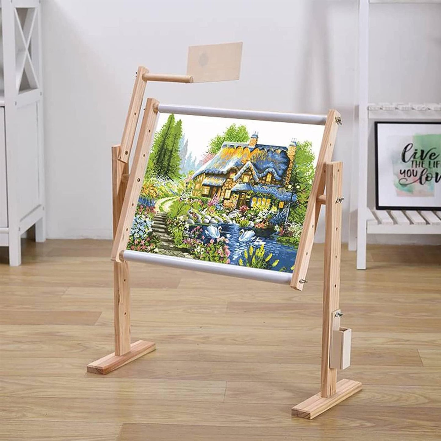 Adjustable Cross Stitch Frame Stand, 360° Rotating Wooden Embroidery Holder, Hands-Free Tool for Needlework & Craft Sewing