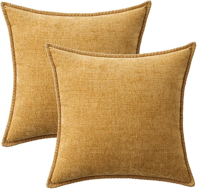 MIULEE Pack of 2 Euro Sham Pillow Covers 24x24 Inch Gold Mustard Yellow Farmhouse Decorative Throw Pillow Covers with Stitched Edge Soft Chenille Solid Pillow Covers for Bed Sofa Couch Living Room