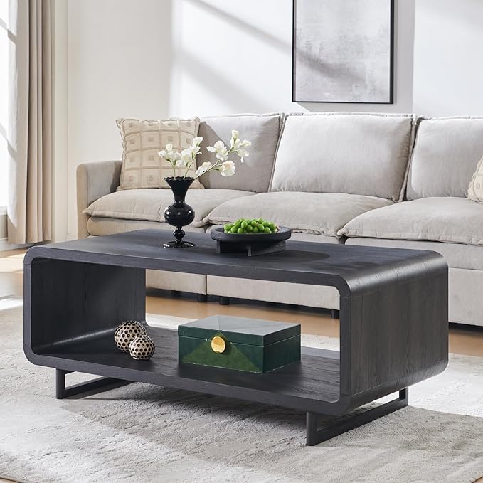 IFGET 48" Modern Coffee Table, 2-Tier Minimalist Center Table with Storage Shelf, Curved Profile Design, Wooden Rectangular Living Room Table w/Wood Thick Design for Living Room, Office, Dark Grey