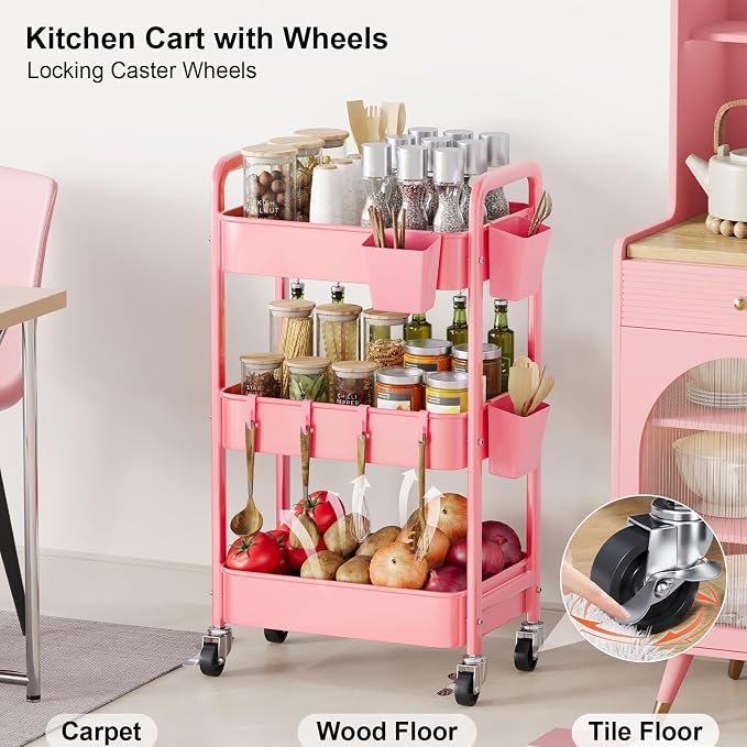 3 Tier Rolling Cart with Wheels, Metal Utility Storage Cart on Wheels, Craft Carts Organizer with Hanging Cups, Hooks, Three Tiered Rolling Carts for Bathroom, Laundry Room, Nursery, Office, Pink