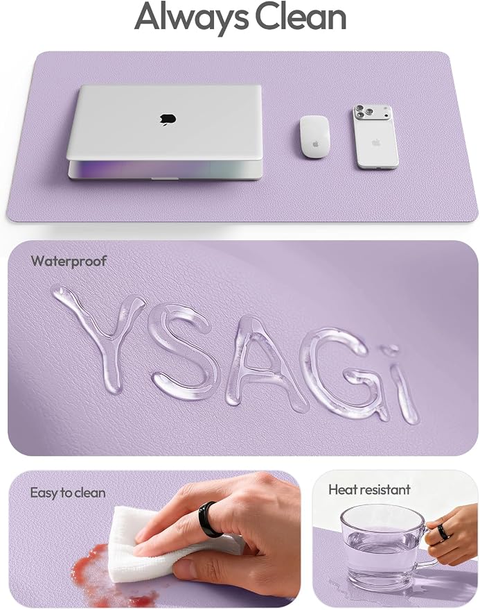 YSAGi Leather Desk Pad Protector, Office Desk Mat, Large Mouse Pad, Non-Slip PU Leather Desk Blotter, Laptop Desk Pad, Waterproof Desk Writing Pad for Office and Home (Light Purple, 55" x 24")
