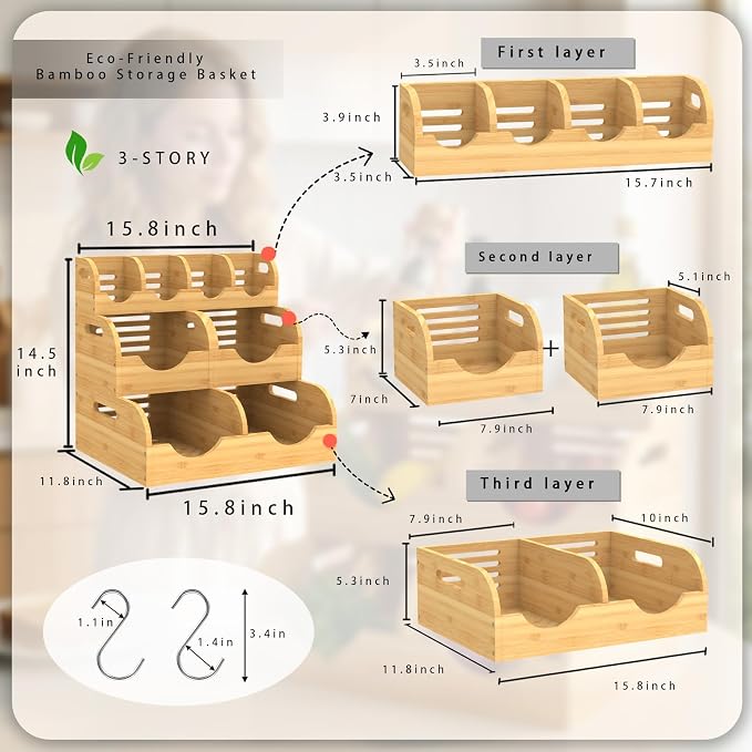 Upgraded 3 Tier Bamboo Pantry Storage Bins,Large potato storage With 2 Banana Hangers,Stackable Potato and Onion Storage Bin with Airflow Vent, Pantry Baskets, Vegetable Storage,for Kitchen Countertop