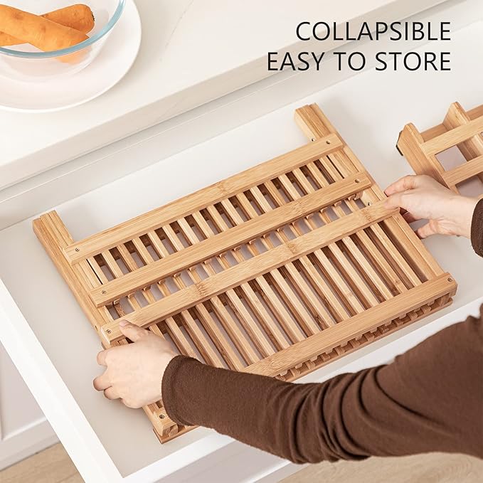 HBlife Dish Rack, Bamboo Folding 2-Tier Collapsible Drainer Dish Drying Rack with Utensils Flatware Holder Set (Dish Rack with Utensil Holder)