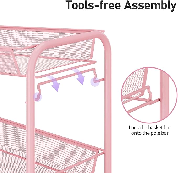 TOOLF 3 Tier Rolling Cart Pink - Metal Storage Organizer with Wheels, 33 lbs Shelf Capacity, Easy 5-Min Assembly, for Girls Room Bathroom Kitchen Office Nursery, Compact Design for Small Spaces, Pink