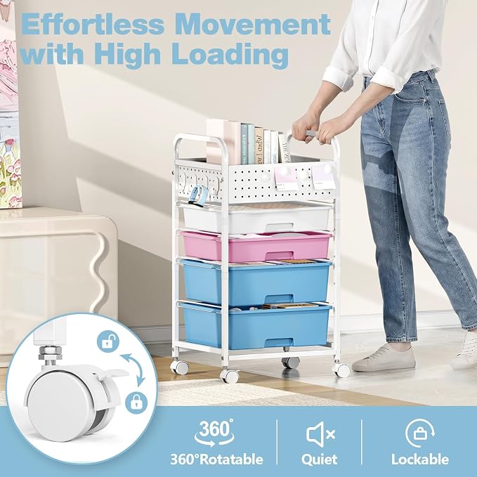 4 Drawer Rolling Storage Cart with Pegboard Top and Hooks, Mobile Organizer Cart with Wheels for Office Supplies, Craft Storage, Classroom Organization, Home Utility Cart, Pink&Blue