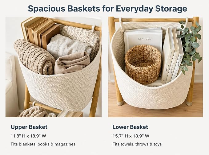 Bamboo Blanket Ladder with 2 Woven Storage Baskets, Handcrafted 55in Decorative Ladder for Blankets, Leaning Blanket Holder for Living Room, Towel Ladder for Bathroom & Quilt Display Rack