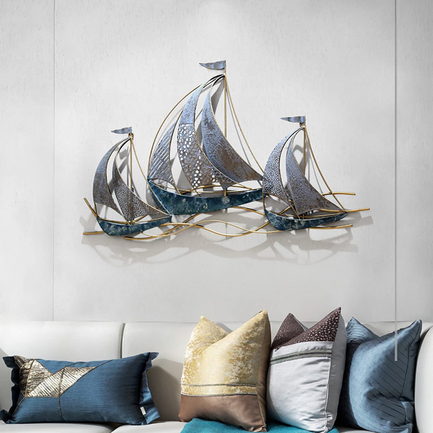 WANGLE Metal Sailboat Wall Decor, 3D Nautical Ship Wall Sculptures, 34.02" L x 21.26" H Handmade Coastal Beach Sailboat Wall Art Decor School Home Hotel Living Room Bedroom Dining Room,A