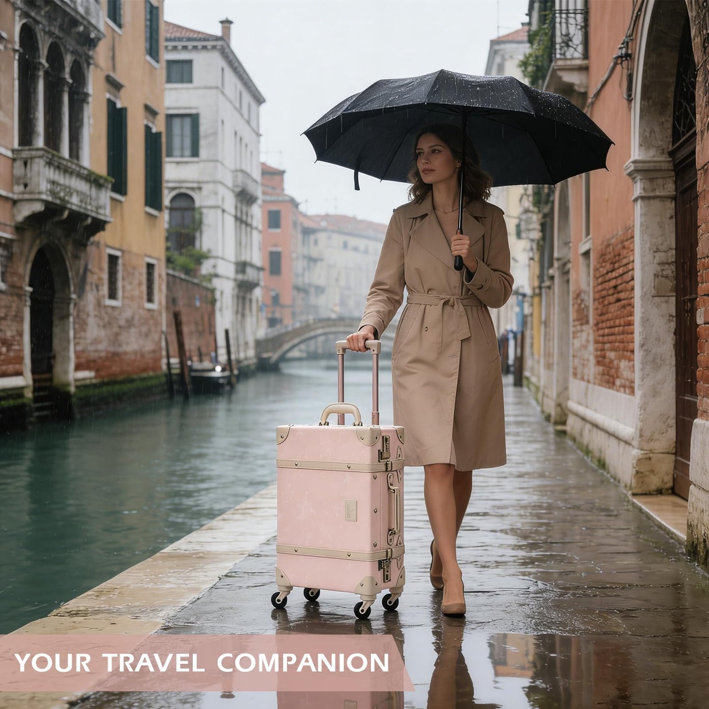 UNIWALKER Vintage Leather Suitcase Set of 2, Retro Trunk Style Spinner Luggage with Cosmetic Train Bag for Women(Velvet Pink, 26''+12'')