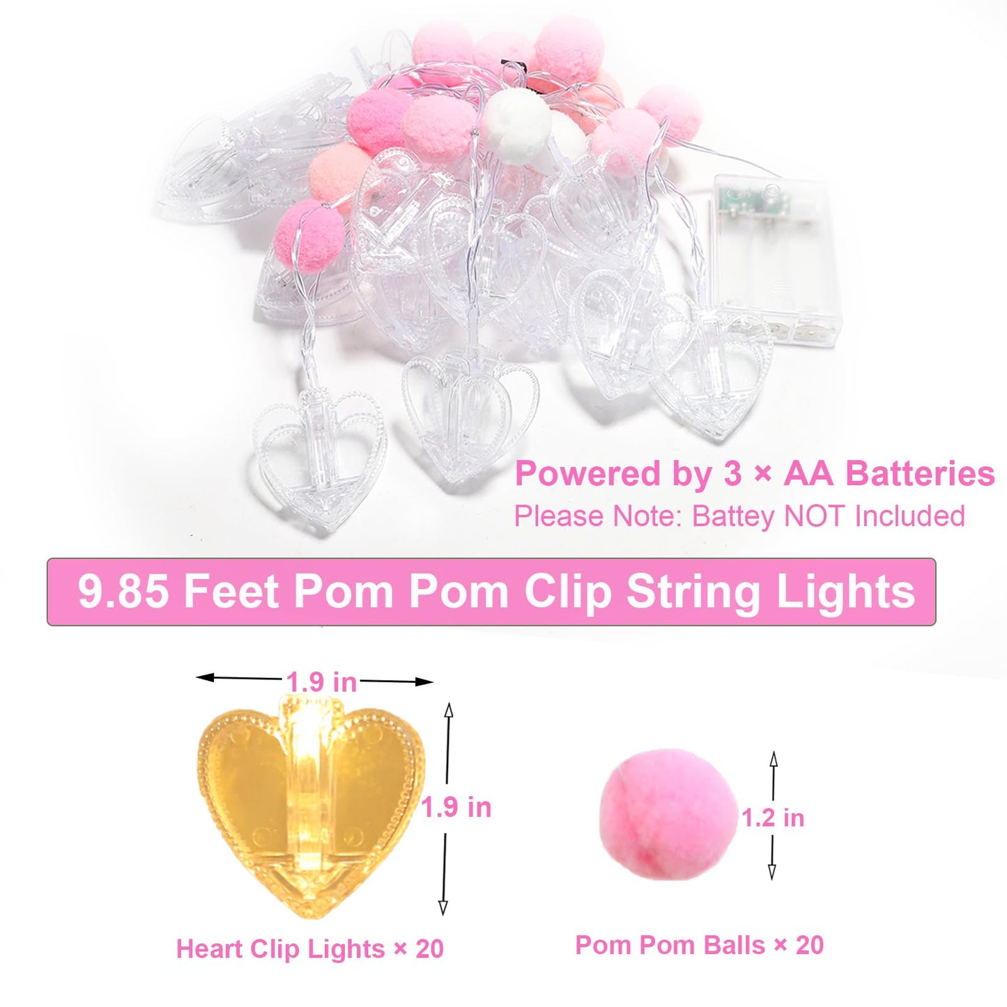 9.85Ft Photo Clip String Lights with 20 Cute Pompoms 20 LED Clear Heart Clips Fairy Lights for Hanging Pictures Photo Lights with Timer Ideal Gifts for Dorm Bedroom Wall Party Wedding Home Decorations