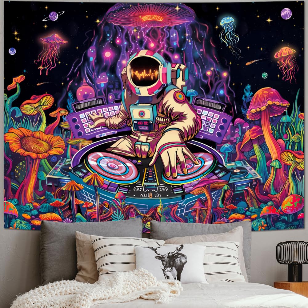 Amhokhui Blacklight Astronaut Tapestry UV Reactive Funny DJ Music Tapestry Trippy Aesthetic Tapestriesy Galaxy Space Tapestries Flower Wall Hanging Decor for Home