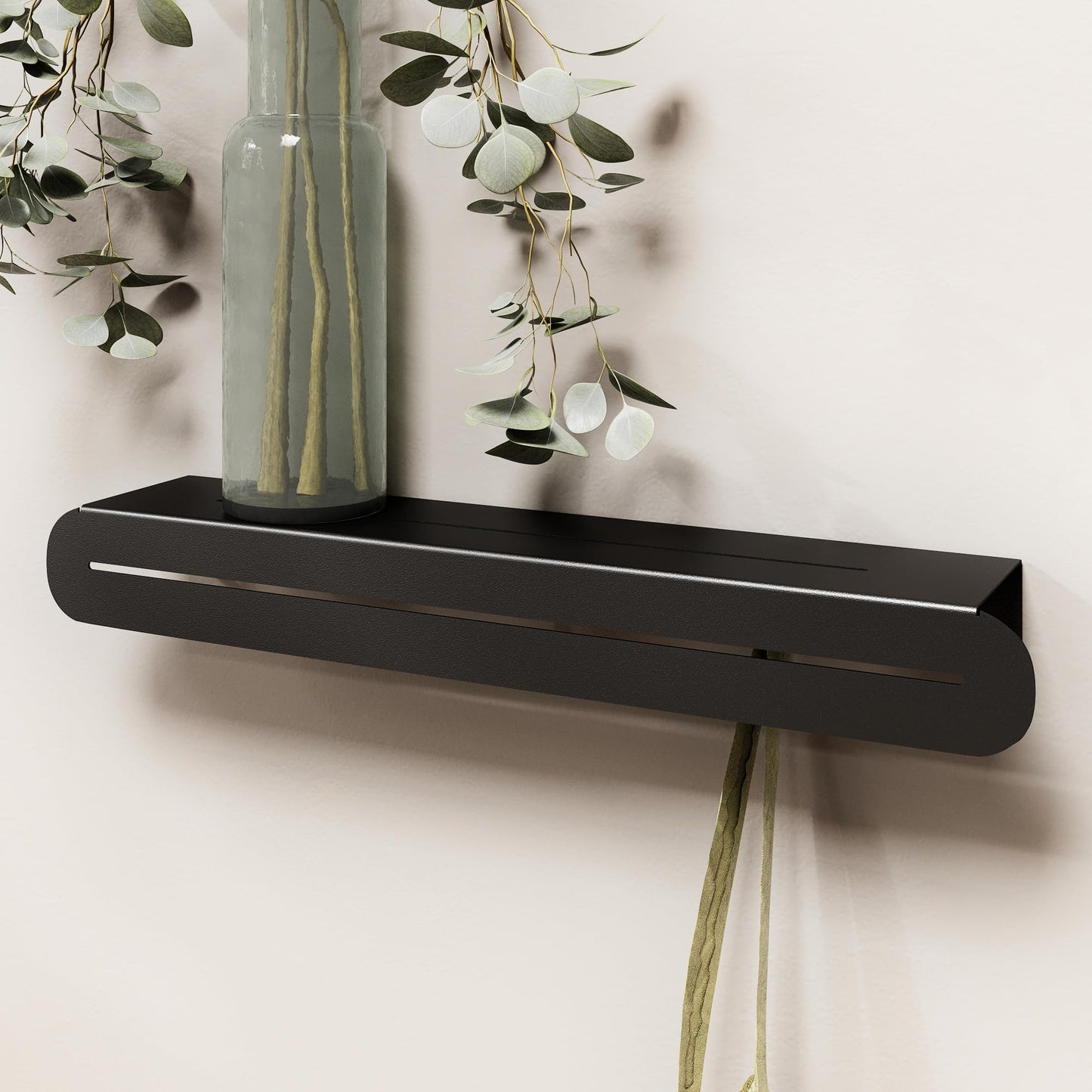 Hidden Coat Rack Wall Mount with Floating Shelf and Metal Hooks for Hanging Clothes or Towels, Modern Heavy Duty Black Decorative Wall Hanger for Entryway, Bathroom, Kitchen