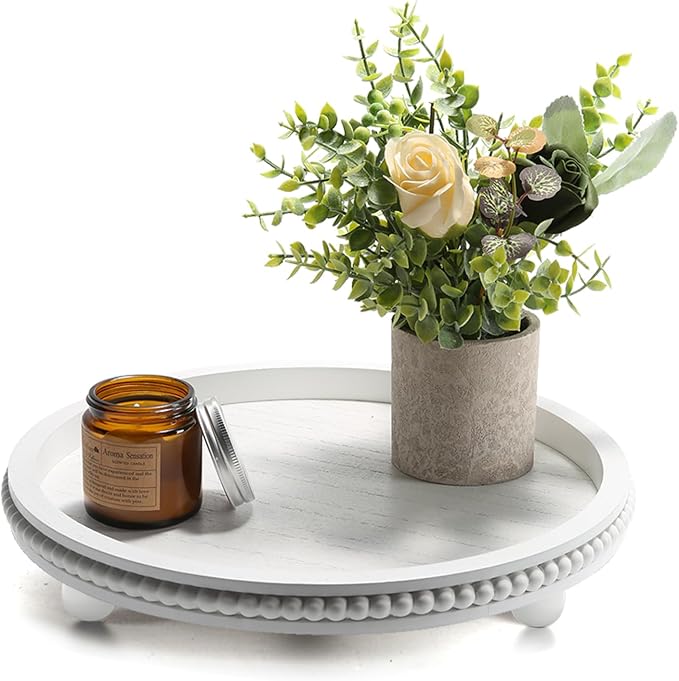 Wooden Beaded Decor Tray for Coffee Table, Rustic Wooden Trays Table Centerpieces, Decorative Trays for Home Decor Kitchen Table Farmhouse Serving Tray (Round White)