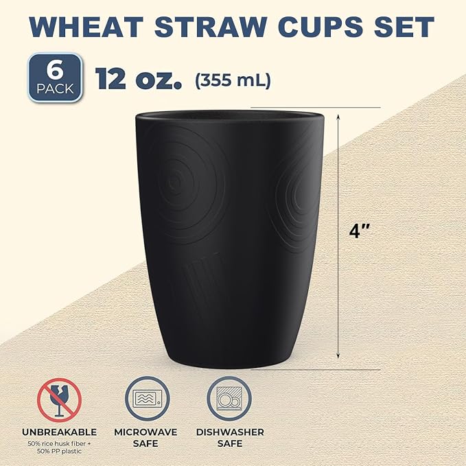 Wrova Wheat Straw Cups 6 PCS Good Alternative to Plastic Reusable Cups 12 oz Unbreakable Drinking Cup Reusable Dishwasher Safe Water Plastic Glasses Black