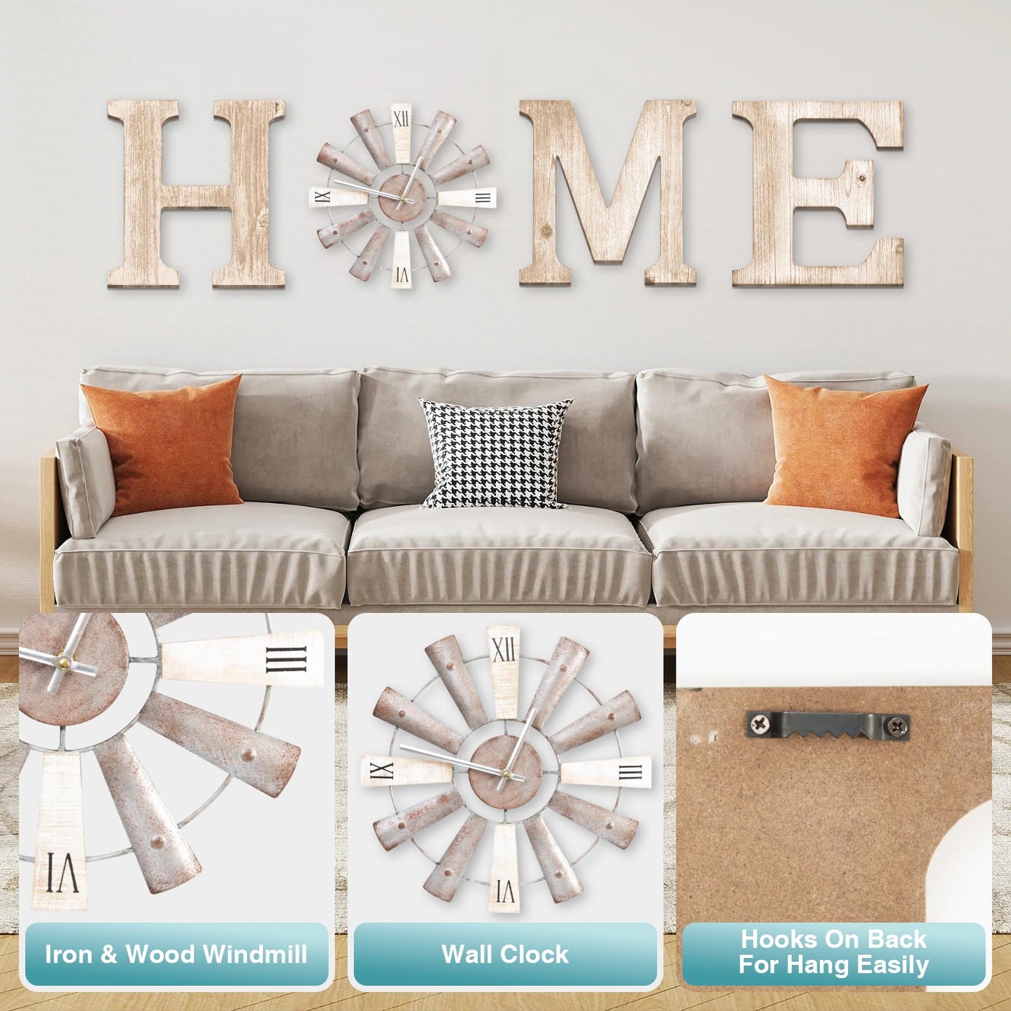 ZAZIWZ Farmhouse Home Signs with Windmill Clock Wall Decor Rustic Home Letters Wall Art for Living Room Kitchen Entryway Dining Room Bedroom (water-white)