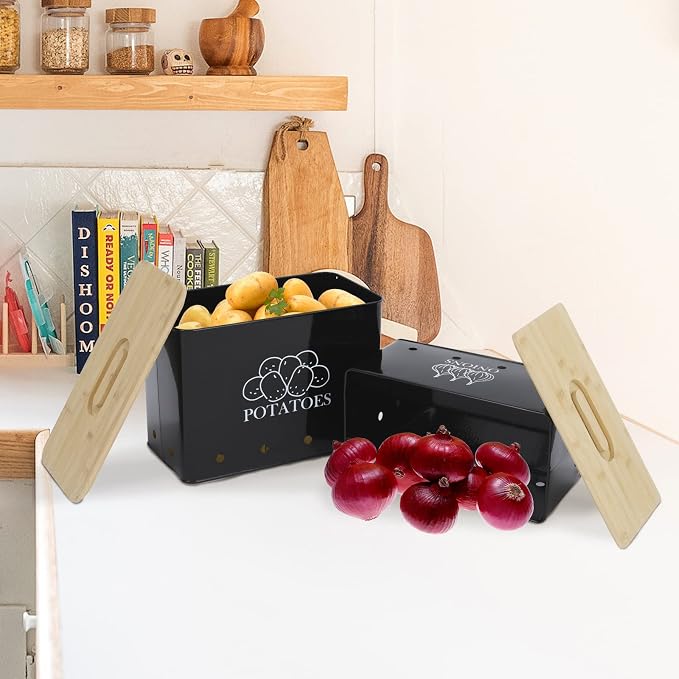 Potato and Onion Storage Bin Set of 2, Vented Metal Vegetable Storage with Wooden Lids, Farmhouse Kitchen Canisters for Countertop Pantry Organizer, Potato Bin Onion Holder for Produce Storage, Black