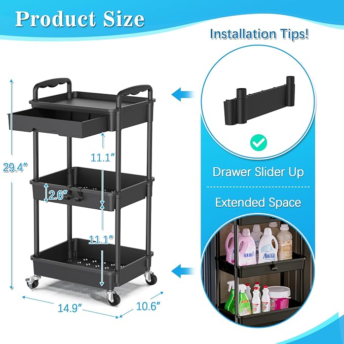 SUNALLY 3 Tier Rolling Cart with Drawer, Bathroom Storage Organizer with 2 Lockable Wheels, Multifunctional Rolling Storage Cart for Bathroom, Kitchen, Office, Craft, Makeup, Baby Essentials, Black